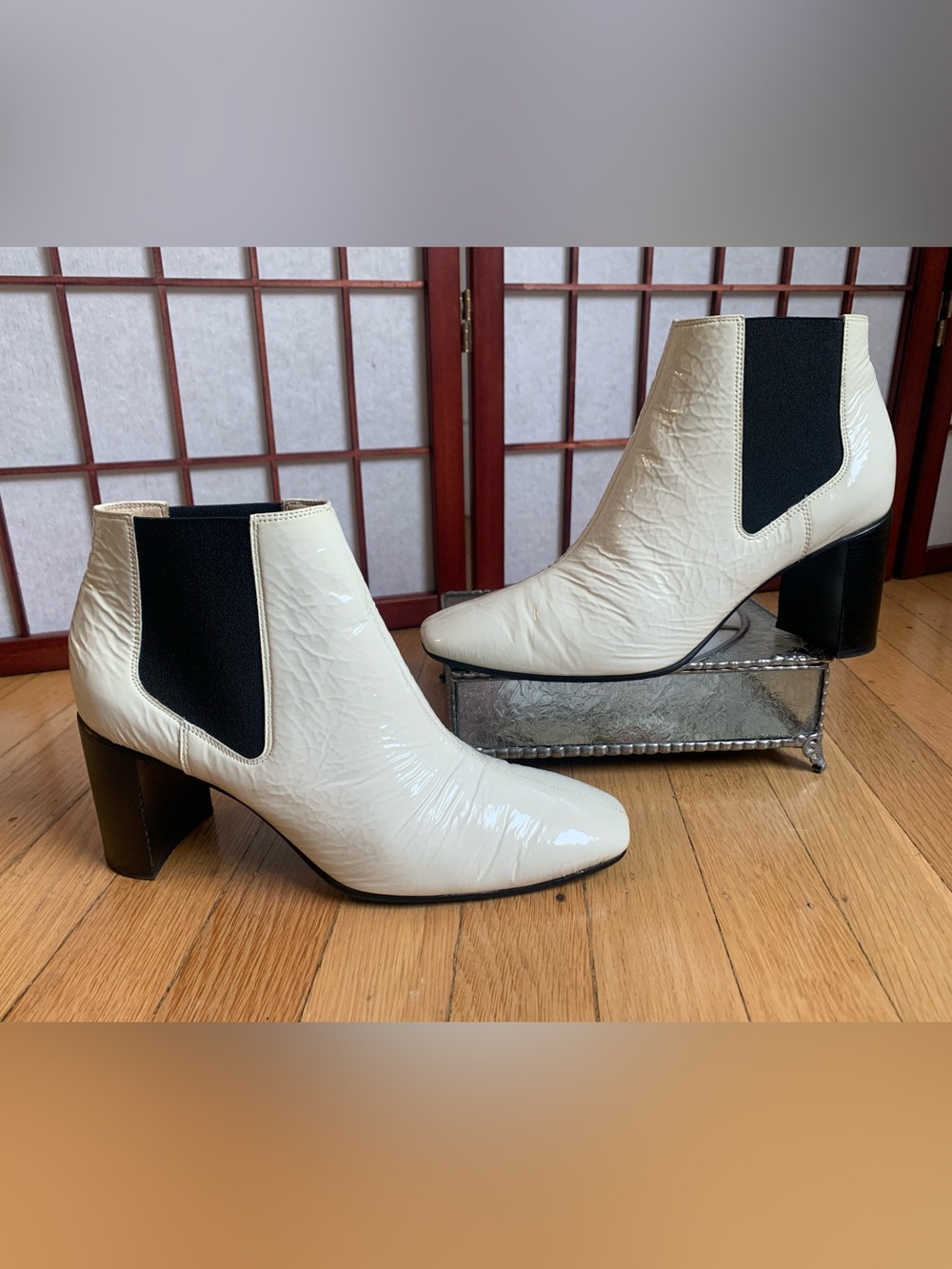 VGUC rag & bone Ivory Patent Leather Pull-On Ankle Boots Size 38/US 7.5-8M